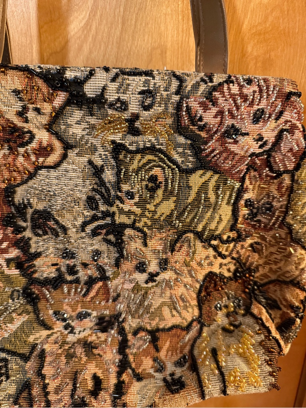 Embroidered Kitty Tapestry Tote in Multi-Tone Browns
